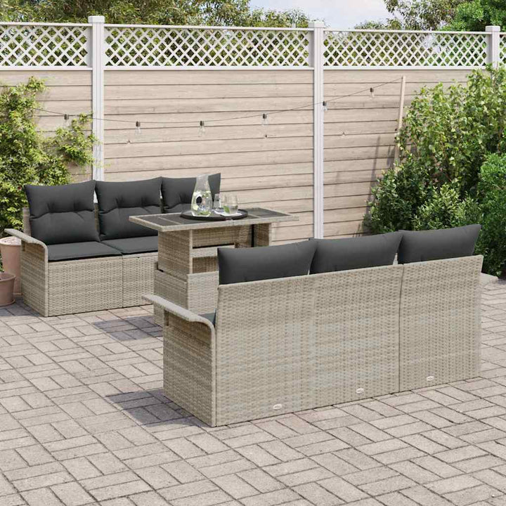 Havesofa Sæt med pude med opbevaring 7 pcs Lysegrå Poly Rattan