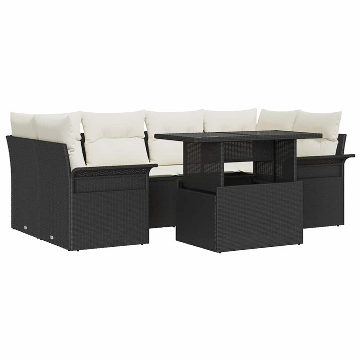 Havesofa Sæt med pude med opbevaring 7 pcs Sort Poly rattan