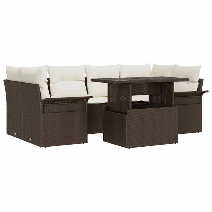 Havesofa Sæt med pude med opbevaring 7 pcs Brun Poly rattan