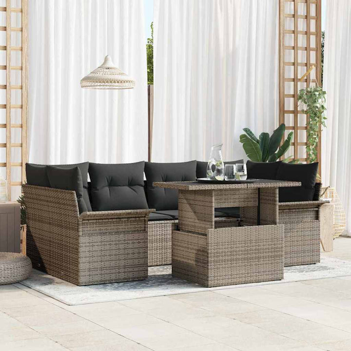 Havesofa Sæt med pude med opbevaring 7 pcs Grå Poly Rattan