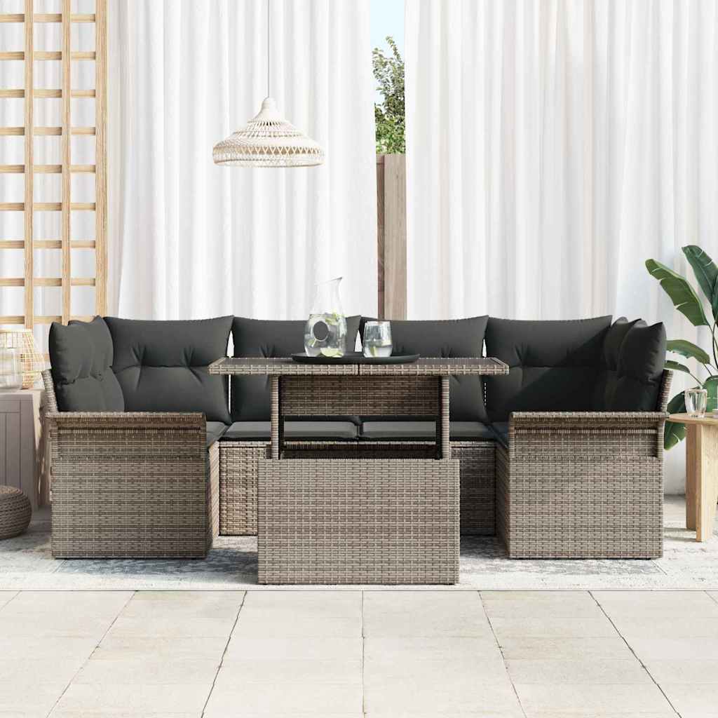 Havesofa Sæt med pude med opbevaring 7 pcs Grå Poly Rattan
