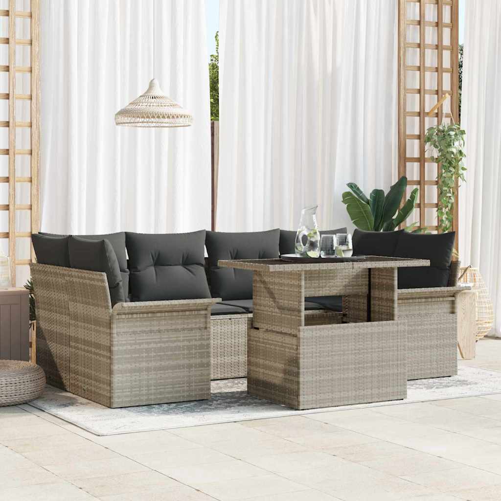 Havesofa Sæt med pude med opbevaring 7 pcs Lysegrå Poly rattan