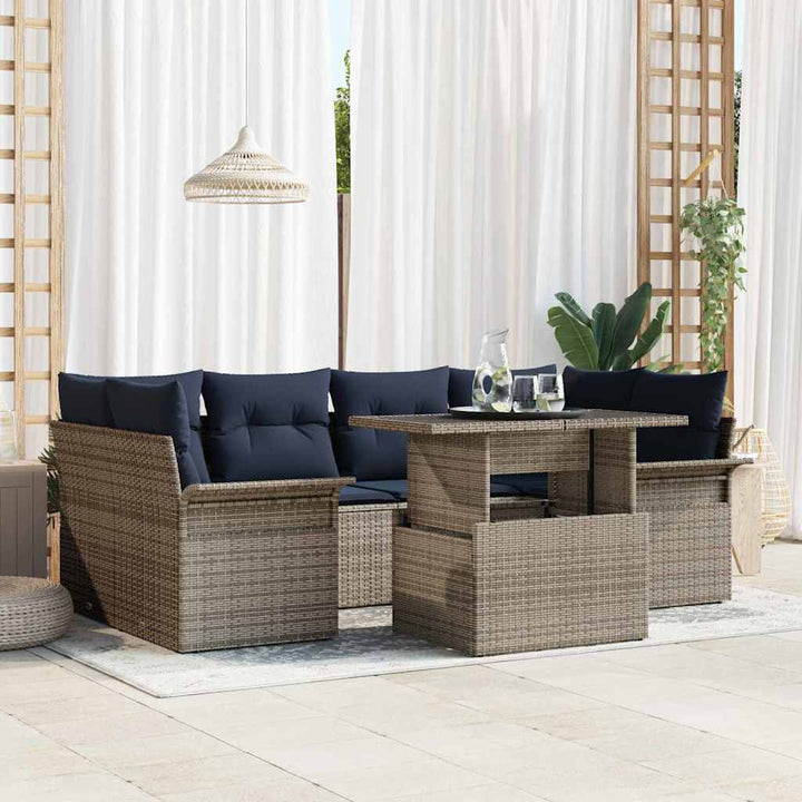 Havesofa Sæt med pude med opbevaring 7 pcs Grå Poly Rattan