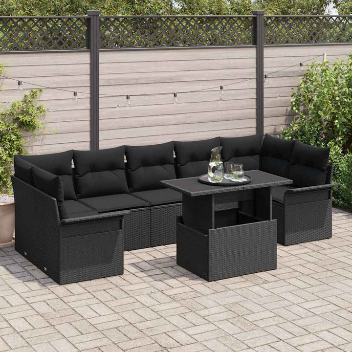 Havesofa Sæt med pude med opbevaring 8 pcs Sort Poly rattan