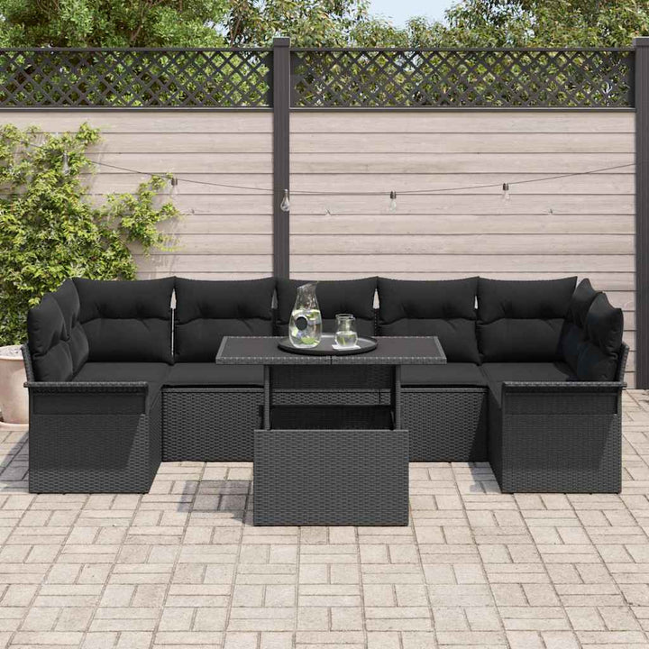 Havesofa Sæt med pude med opbevaring 8 pcs Sort Poly rattan