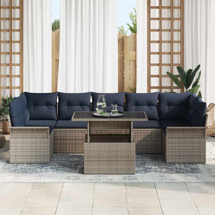Havesofa Sæt med pude med opbevaring 8 pcs Grå Poly Rattan