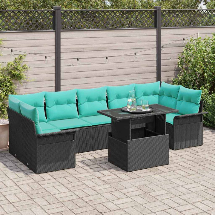 Havesofa Sæt med pude med opbevaring 8 pcs Sort Poly Rattan