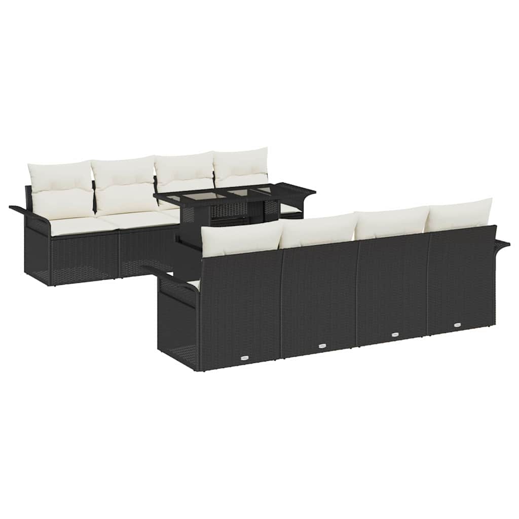 Havesofa Sæt med pude med opbevaring 9 pcs Sort Poly rattan