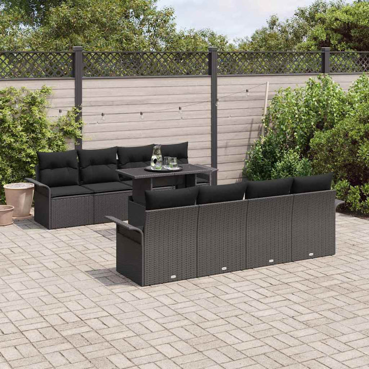 Havesofa Sæt med pude med opbevaring 9 pcs Sort Poly Rattan