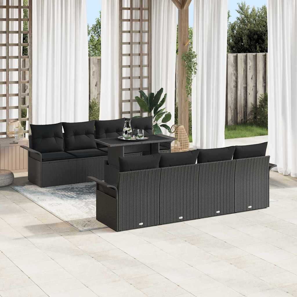 Havesofa Sæt med pude med opbevaring 9 pcs Sort Poly Rattan
