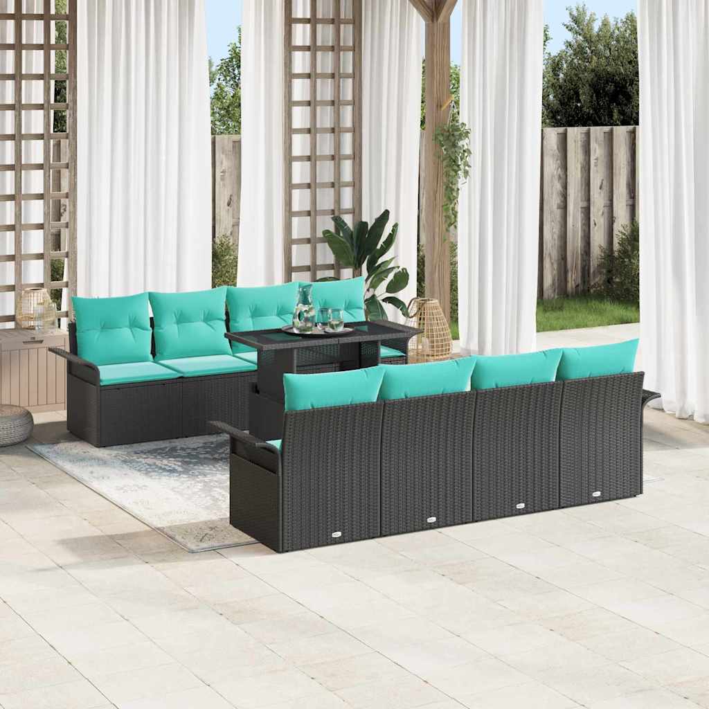 Havesofa Sæt med pude med opbevaring 9 pcs Sort Poly Rattan