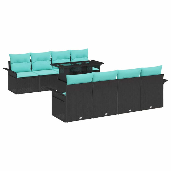 Havesofa Sæt med pude med opbevaring 9 pcs Sort Poly Rattan