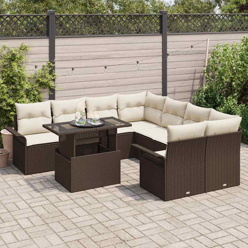 Havesofa Sæt med pude med opbevaring 9 pcs Brun Poly Rattan