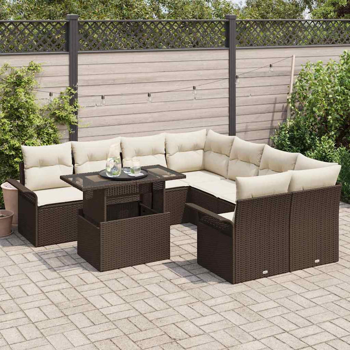 Havesofa Sæt med pude med opbevaring 9 pcs Brun Poly Rattan