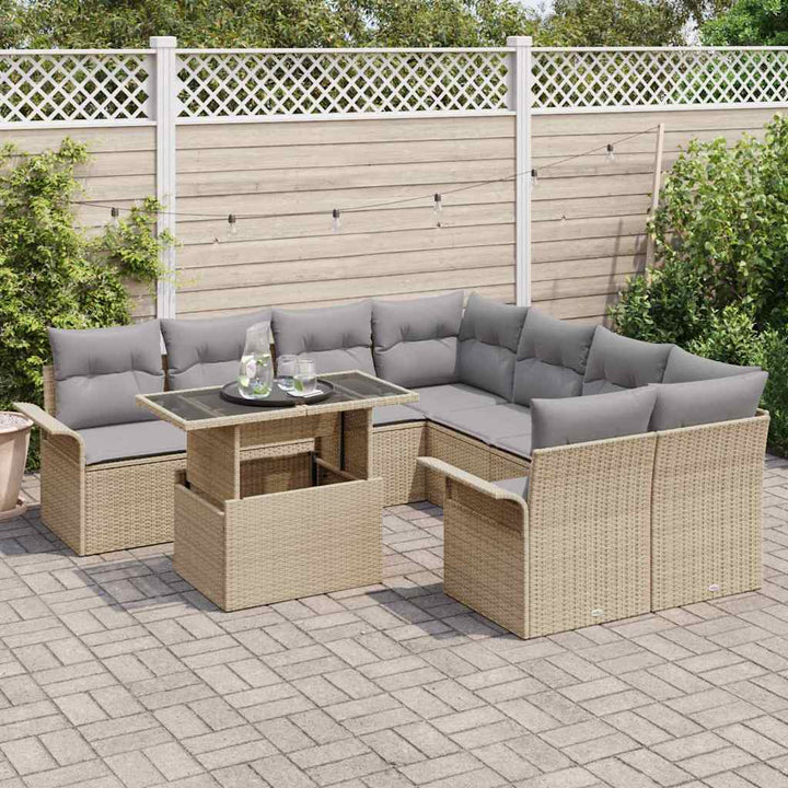 Havesofa Sæt med pude med opbevaring 9 pcs Beige Poly Rattan