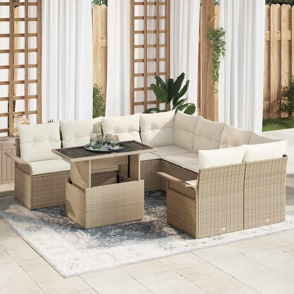 Havesofa Sæt med pude med opbevaring 9 pcs Beige Poly Rattan