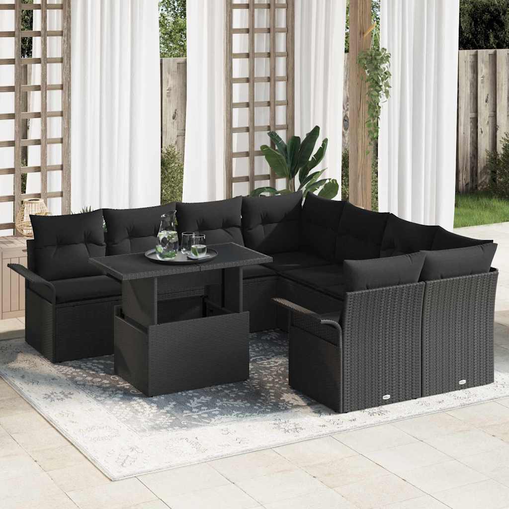 Havesofa Sæt 9 stk. Sort [Syntetisk]: Poly Rattan