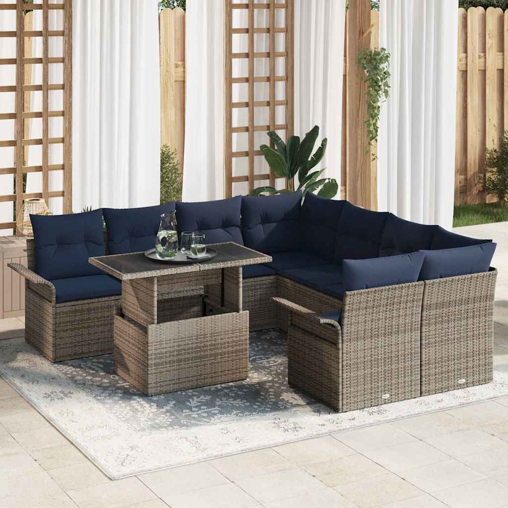 Havesofa Sæt 9 stk. Grå [Syntetisk]: Poly Rattan