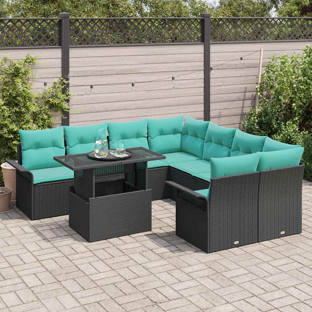 Havesofa Sæt med pude med opbevaring 9 pcs Sort Poly Rattan