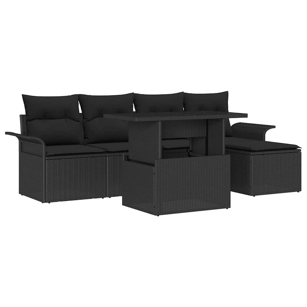 Havesofa Sæt med pude med opbevaring 6 pcs Sort Poly rattan