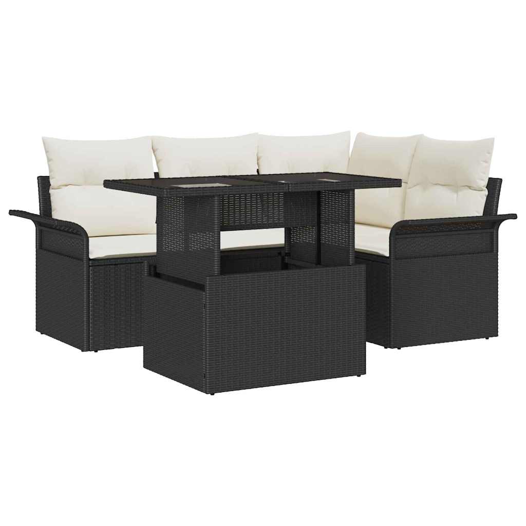 Havesofa Sæt med pude med opbevaring 5 pcs Sort Poly Rattan