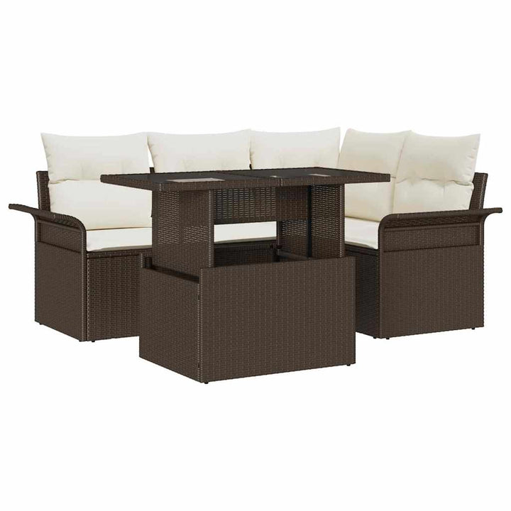 Havesofa Sæt med pude med opbevaring 5 pcs Brun Poly rattan