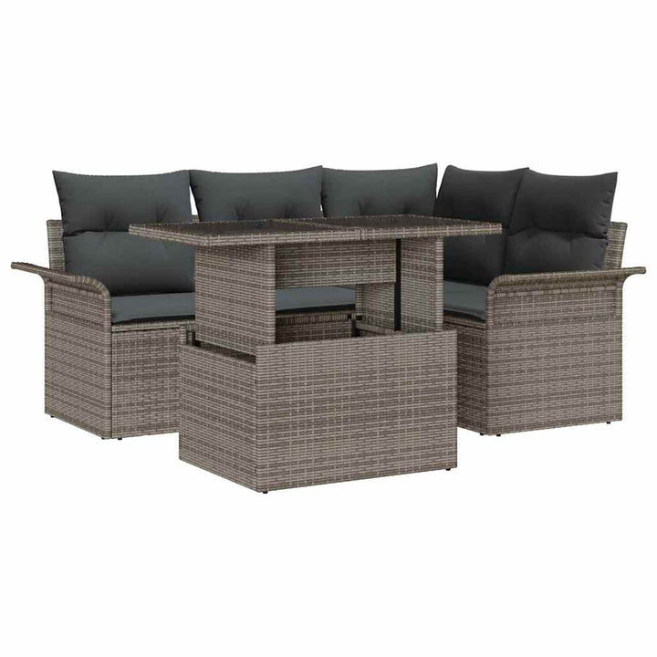 Havesofa Sæt med pude med opbevaring 5 pcs Grå Poly rattan