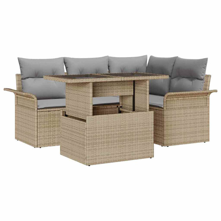 Havesofa Sæt med pude med opbevaring 5 pcs Beige Poly rattan