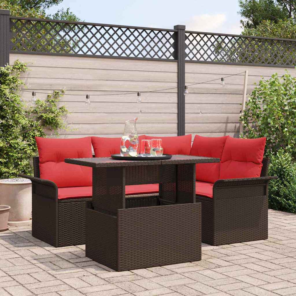 Havesofa Sæt med pude med opbevaring 5 pcs Brun Poly Rattan