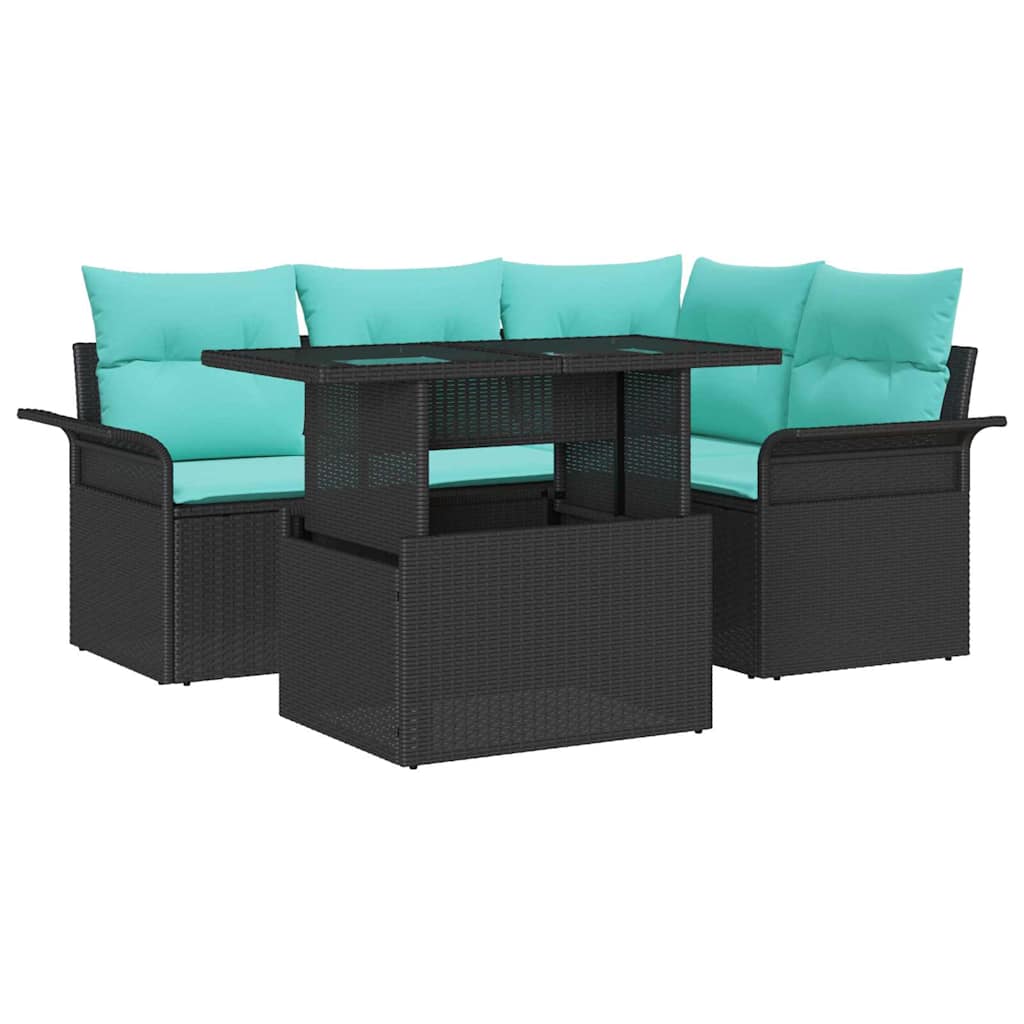 Havesofa Sæt med pude med opbevaring 5 pcs Sort Poly Rattan