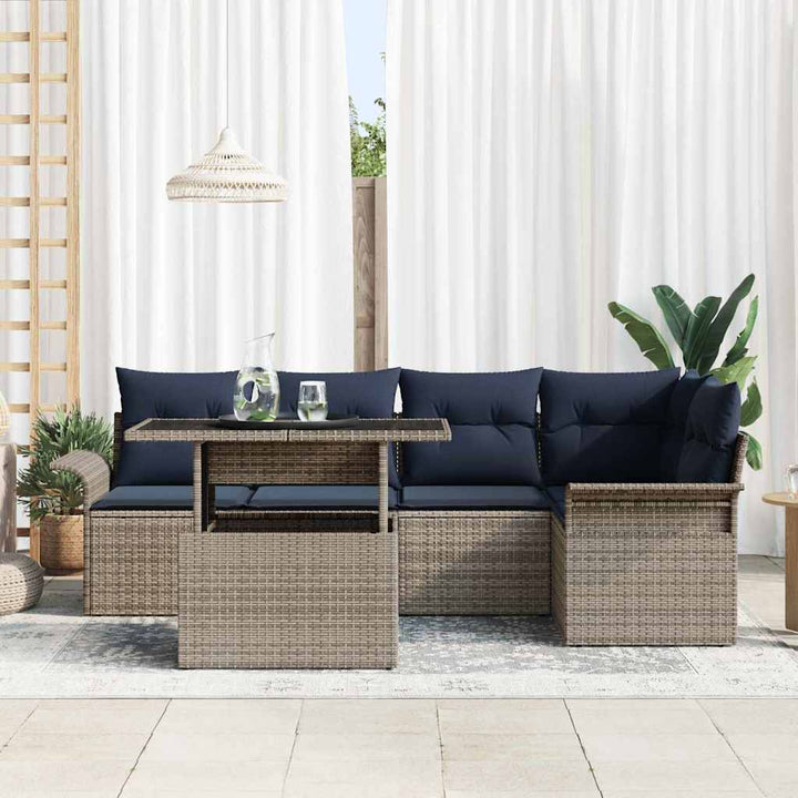 Havesofa Sæt med pude med opbevaring 6 pcs Grå Poly Rattan