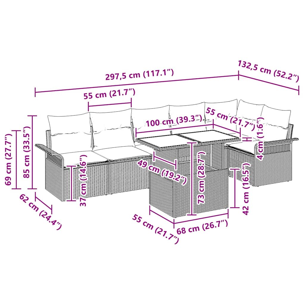 Havesofa Sæt 7 stk. Sort [Syntetisk]: Poly Rattan