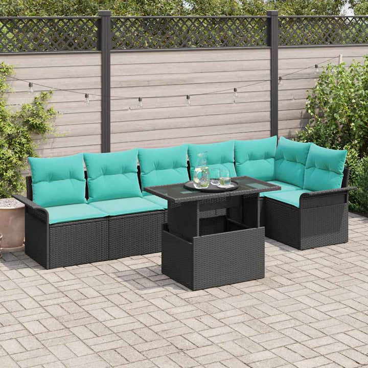 Havesofa Sæt med pude med opbevaring 7 pcs Sort Poly rattan