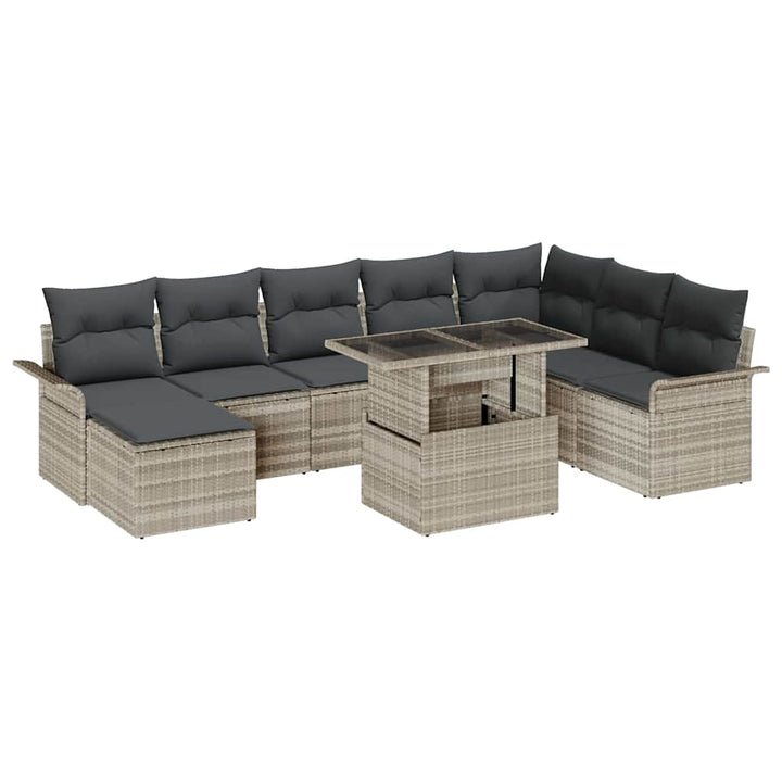 Havesofa Sæt 9 pcs Lysegrå Poly Rattan og pulverlakeret stål