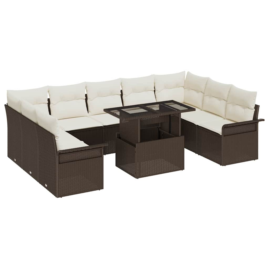 Havesofa Sæt med pude med pude 10 pcs Brun Poly Rattan