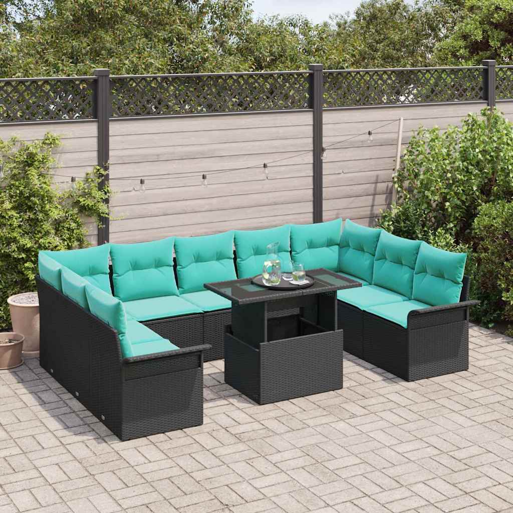 Havesofa Sæt med pude med pude 10 pcs Sort Poly Rattan