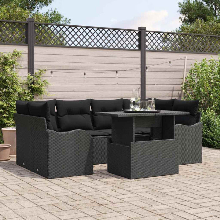 Havesofa Sæt med pude med opbevaring 7 pcs Sort Poly Rattan