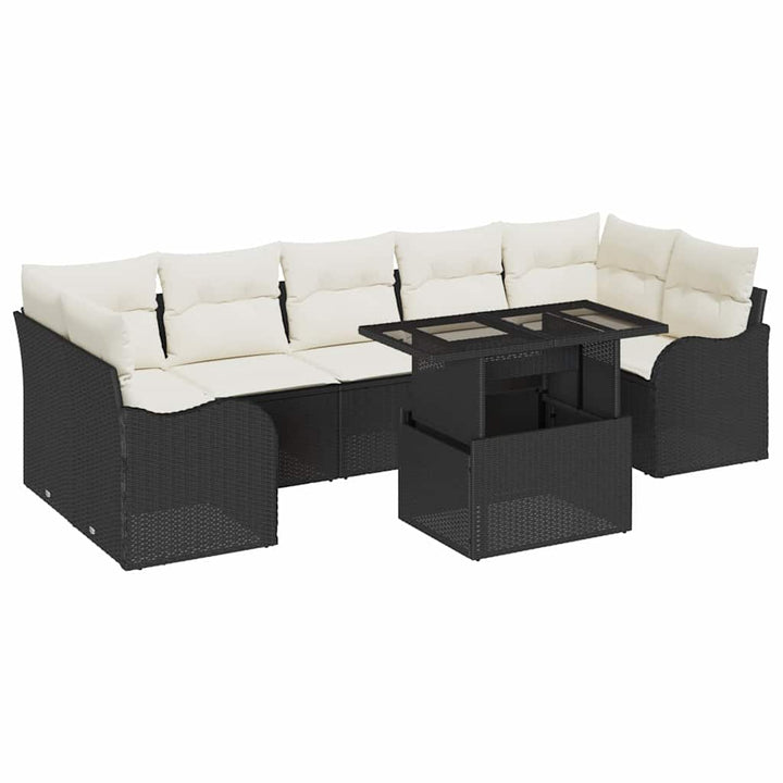 Havesofa Sæt med pude med opbevaring 8 pcs Sort Poly Rattan