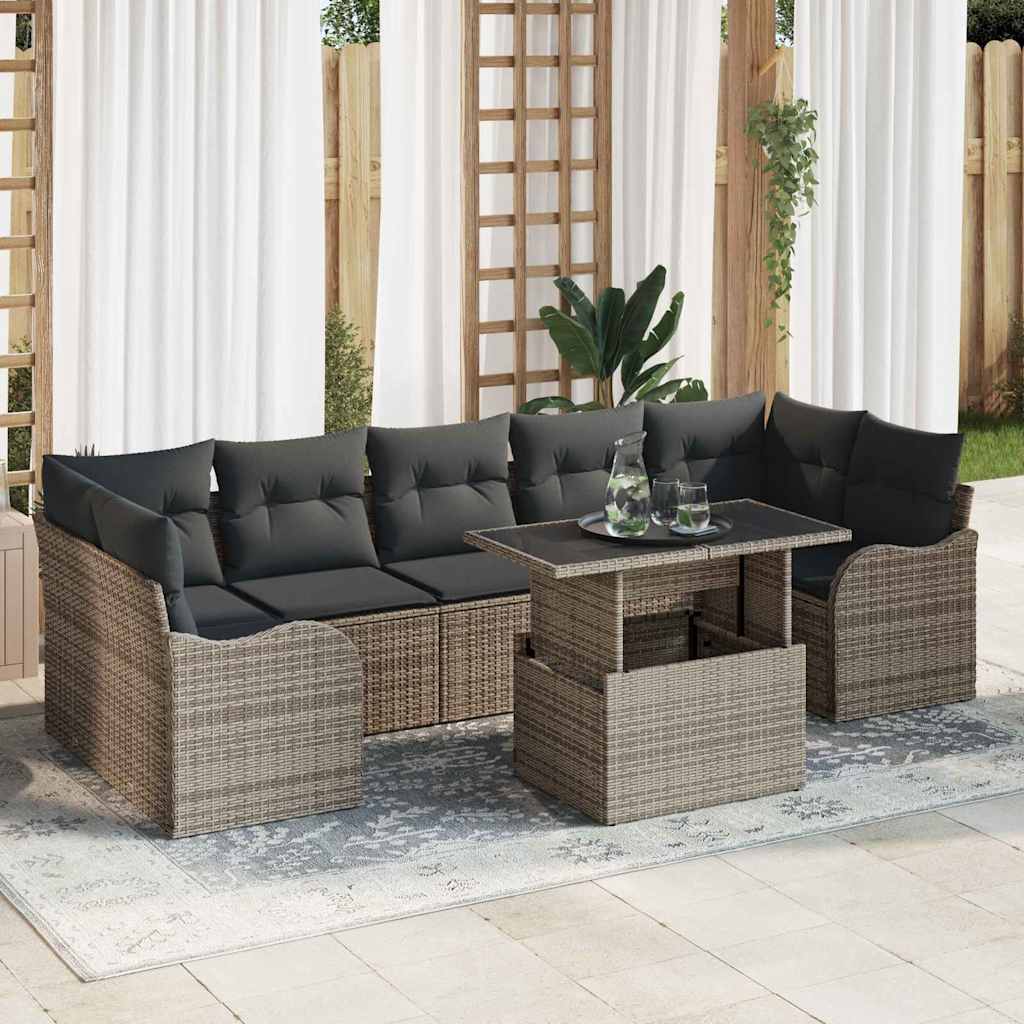 Havesofa Sæt med pude med opbevaring 8 pcs Grå Poly Rattan