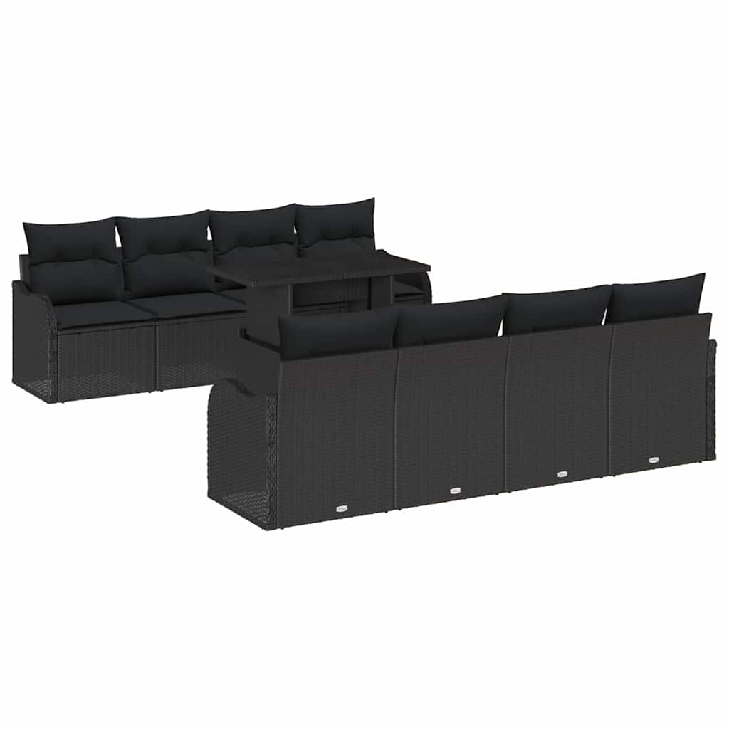 Havesofa Sæt med pude med opbevaring 9 pcs Sort Poly Rattan