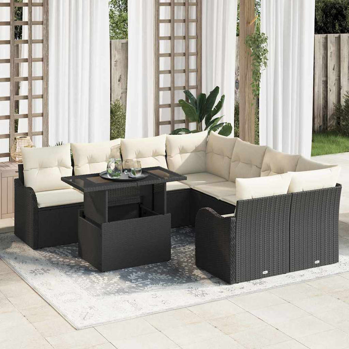 Havesofa Sæt med pude med pude 9 pcs Sort Polyrattan