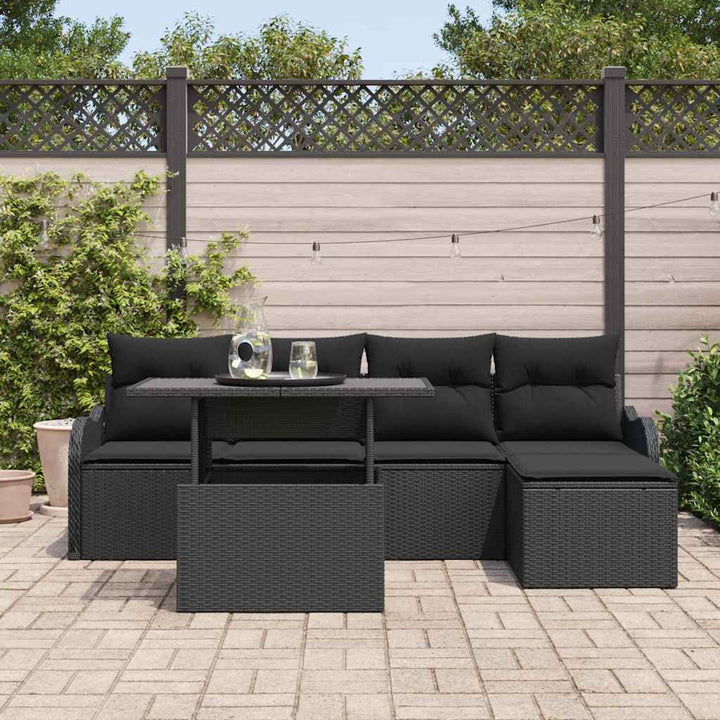 Havesofa Sæt med pude 6 pcs Sort Polyrattan