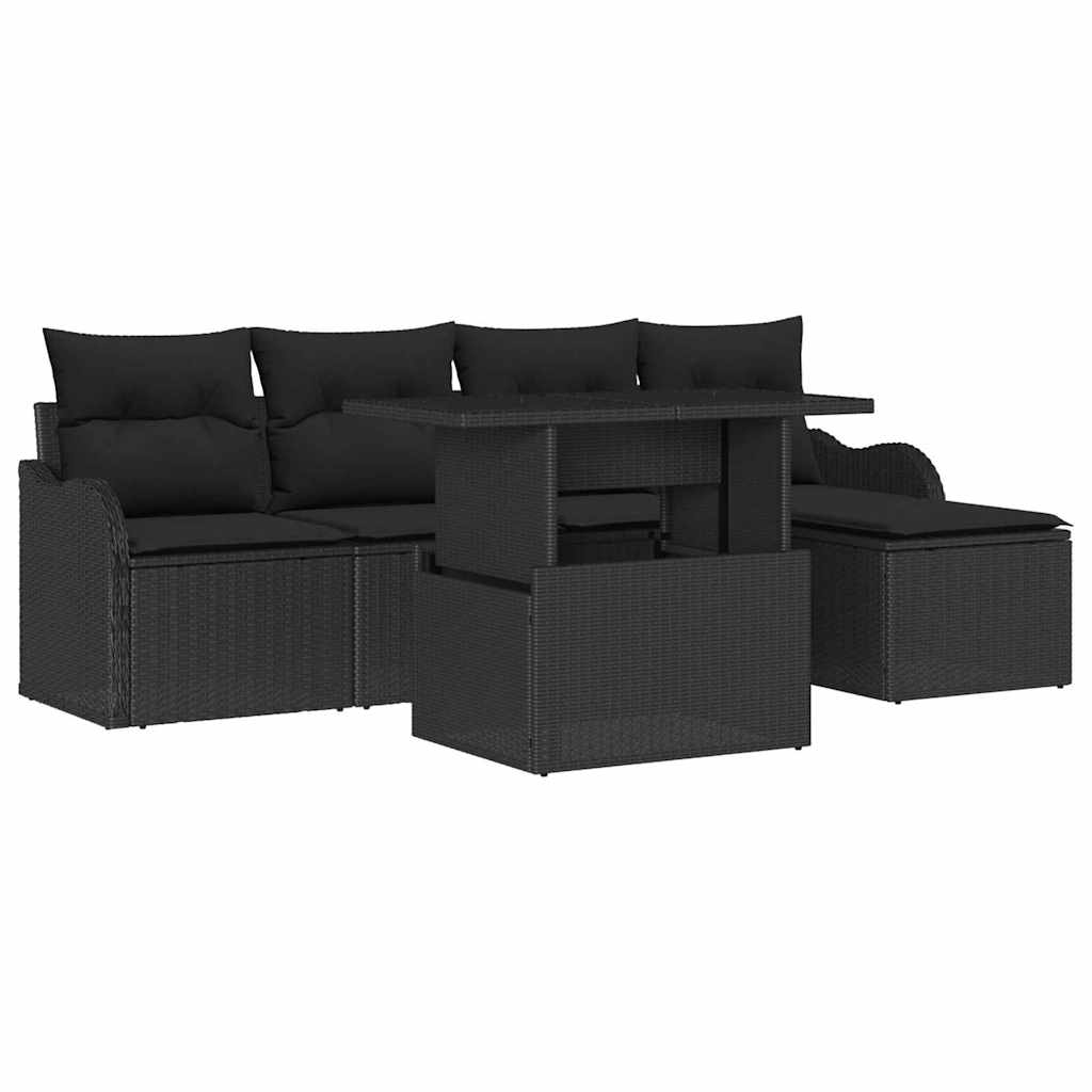 Havesofa Sæt med pude 6 pcs Sort Polyrattan
