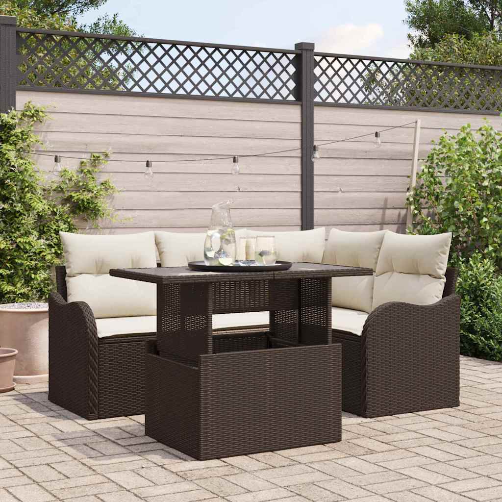 Havesofa Sæt med pude med pude 5 pcs Brun Poly Rattan