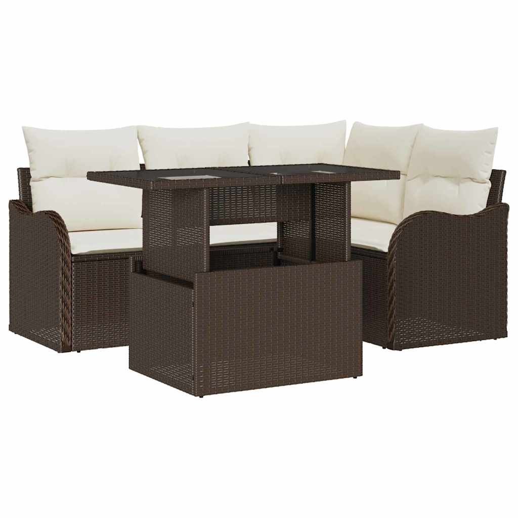Havesofa Sæt med pude med pude 5 pcs Brun Poly Rattan