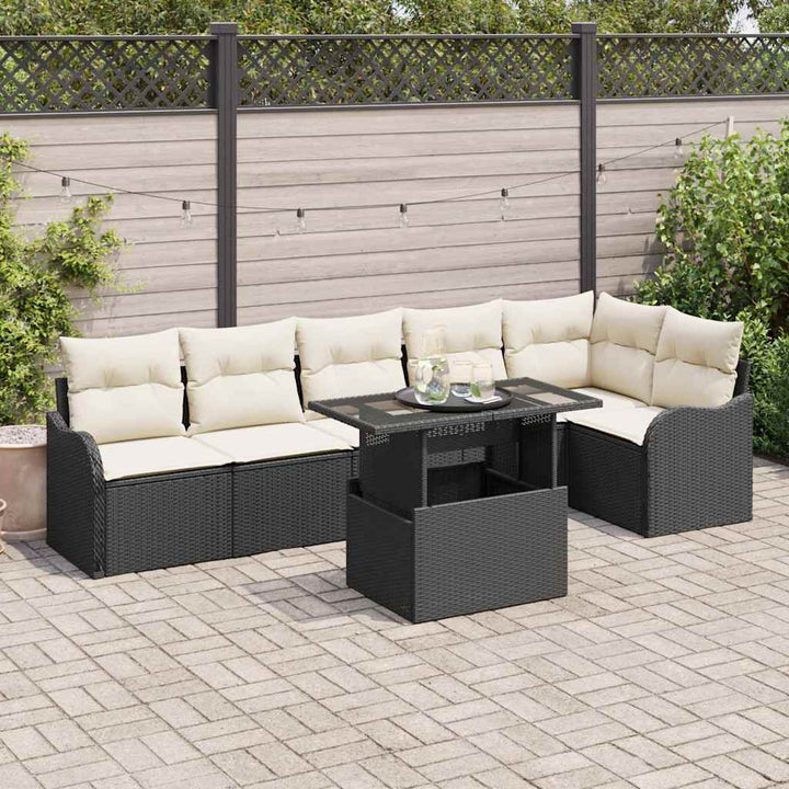 Havesofa Sæt med pude med pude 7 pcs Sort Poly Rattan