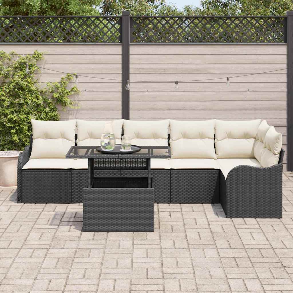 Havesofa Sæt med pude med pude 7 pcs Sort Poly Rattan