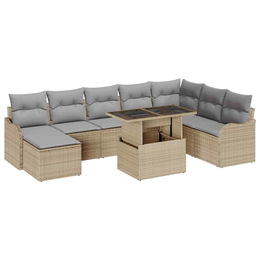Havesofa Sæt med pude med opbevaring 9 pcs Beige Poly rattan