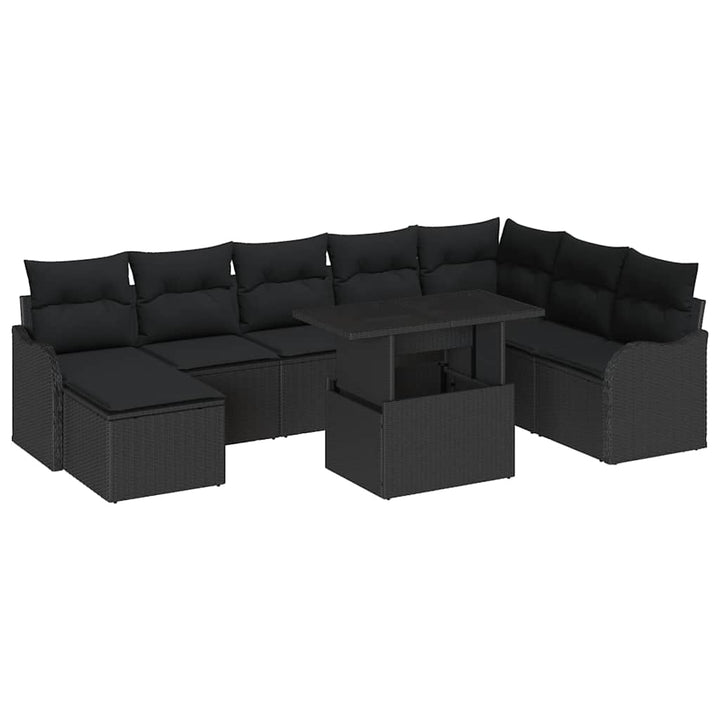 Havesofa Sæt med pude med opbevaring 9 pcs Sort Poly rattan