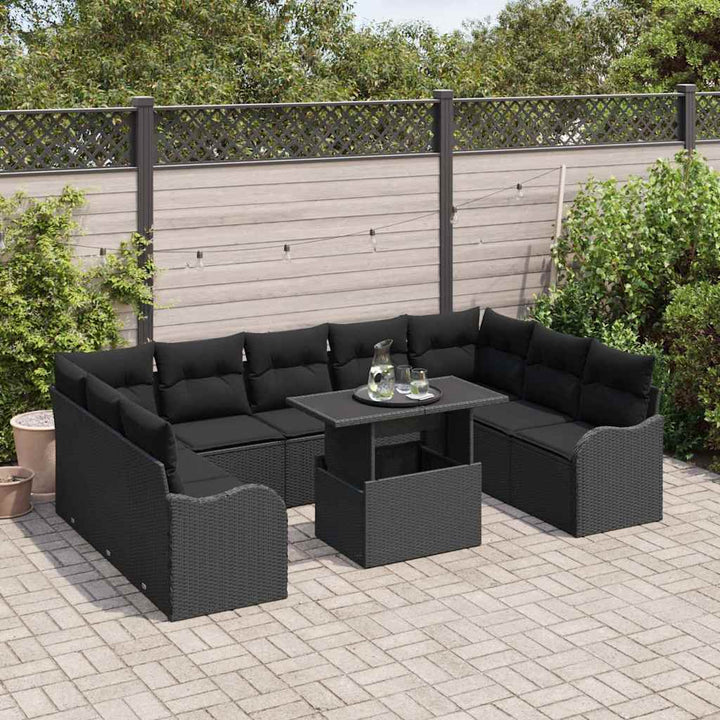 Havesofa Sæt med pude med pude 10 pcs Sort Poly Rattan